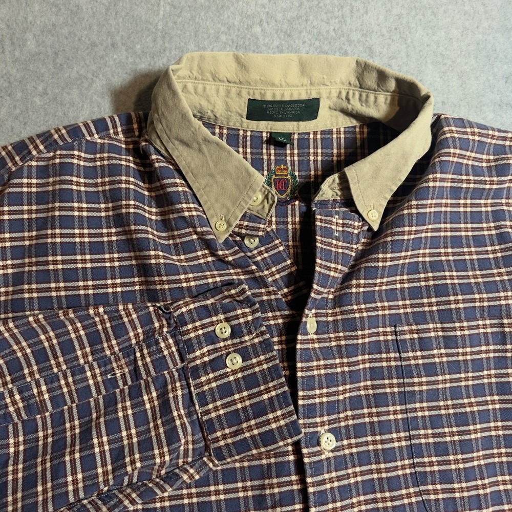 Vintage Hunt Club Mens Plaid Button Down Shirt Blue Red Tan Collared 17 34/35